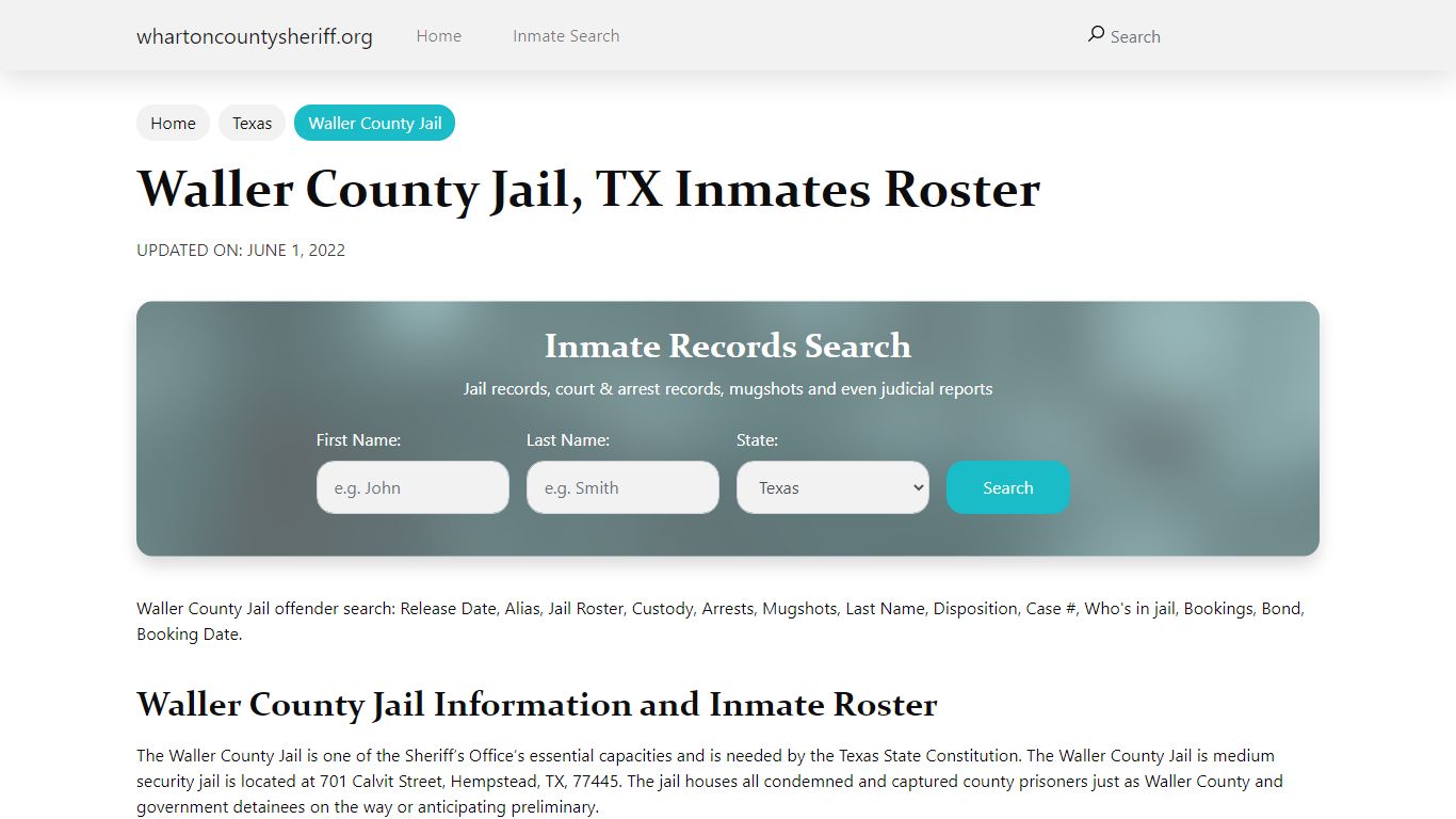 Waller County Jail, TX Jail Roster, Name Search